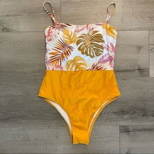 Cupshe White Tropical Print & Mustard One-Piece Swim